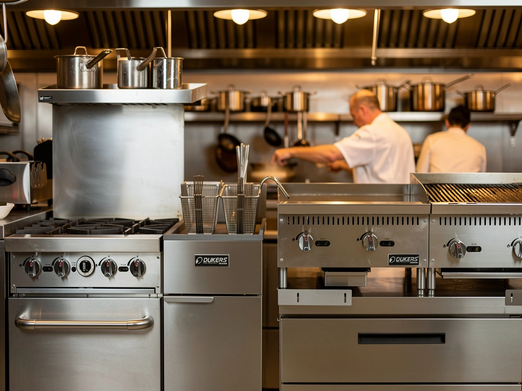 Commercial kitchen with Duker's restaurant equipment including ranges, griddles, and charbroiler with chefs working in background
